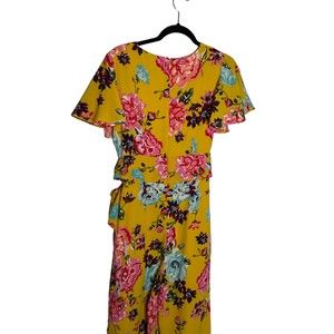 Tahari NWOT Yellow Wide Leg Floral Faux Wrap Jumpsuit
